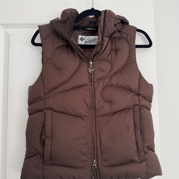 Columbia brand titanium women’s brown puffer hooded jacket vest size small 4 6 - Picture 1 of 3